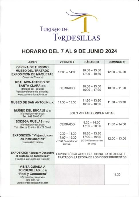 TORDESILLAS - HORARIOS DEL 7 AL 9 DE JUNIO